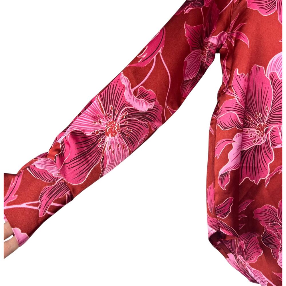 Bailey 44 Women's Size XS Satin Red Pink Floral Button-Up Long Sleeve Blouse Top - Picture 7 of 9